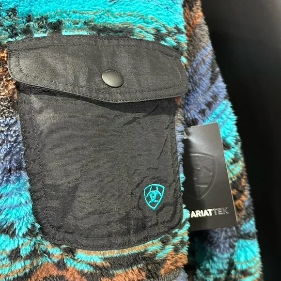 AriatTek Pullover Hoodie,Teddy Bear Fleece,Serape pattern,pockets,snap front - Picture 4 of 12